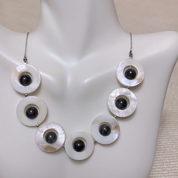 JADE in mother of Pearl shell necklace w hematite beads Sterling Handmade - Picture 1 of 6